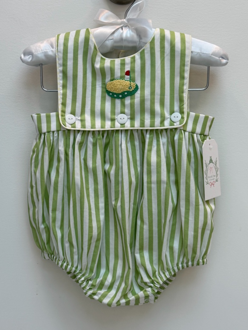 Green Striped Baby Bubble Romper with Embroidered Cake